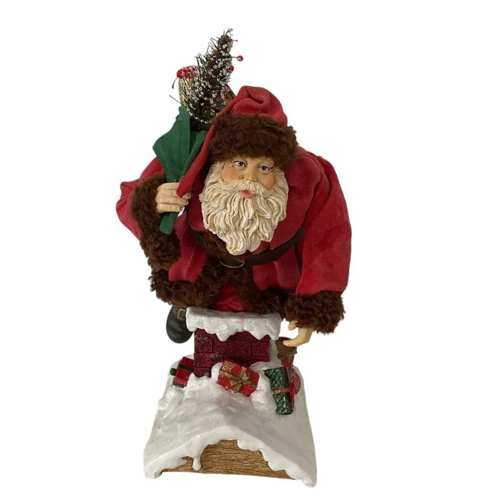 Vintage 90s Santa Claus Figurine Gift Delivery Chimney Fabric Mache 9